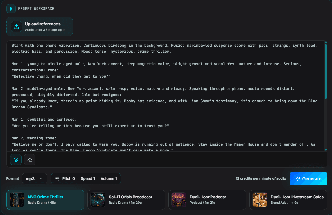 Qwen Audio 3.0 prompt editor with multi-character script input.
