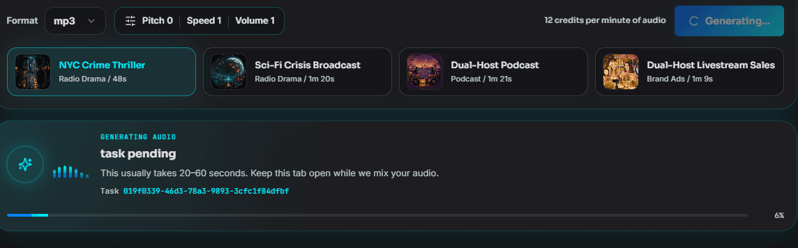 Generated speech waveform with playback and download controls.